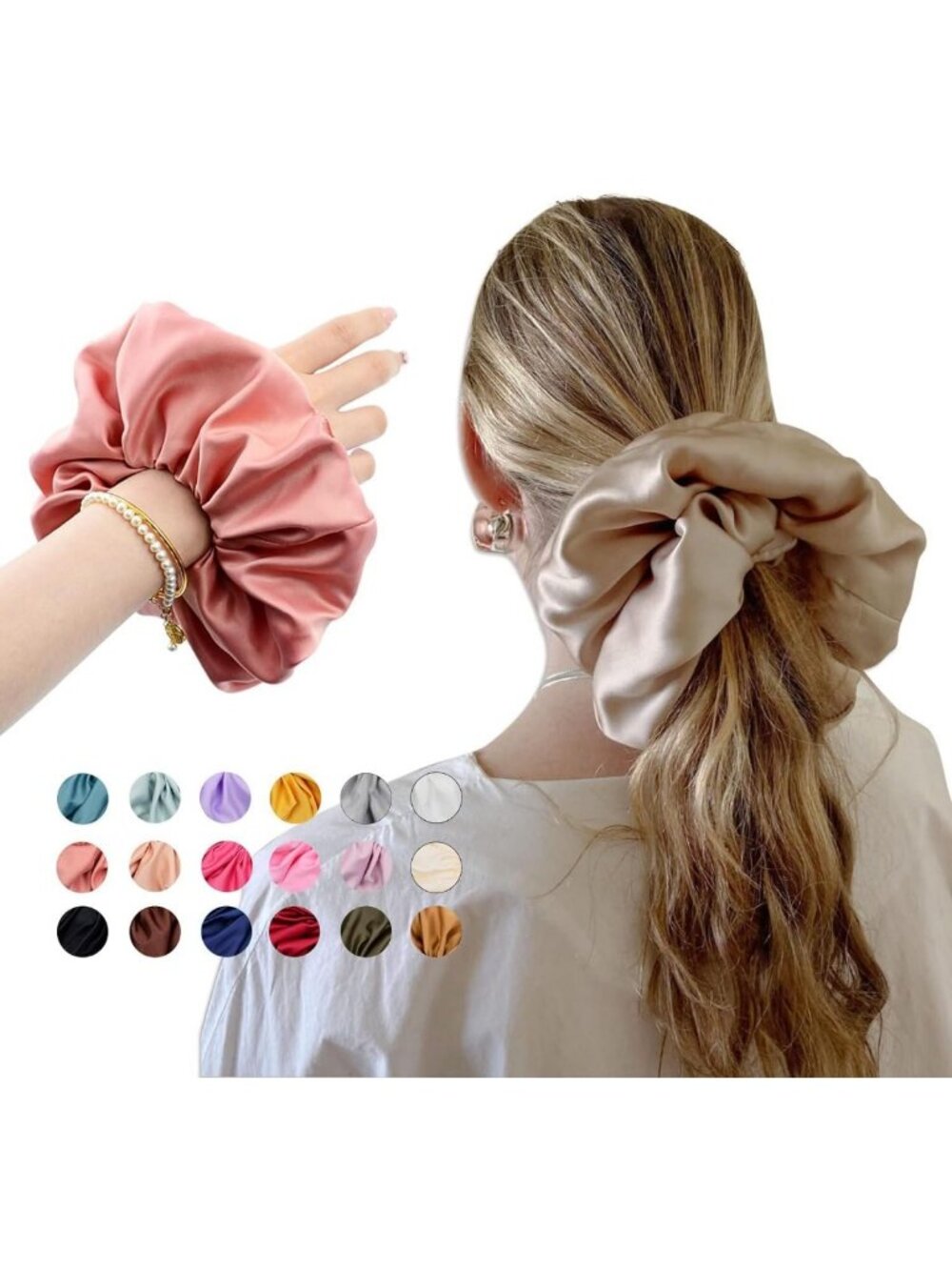 XXXL-Large Jumbo Satin Scrunchies - 18 Colors Oversized Hair Ties for Women